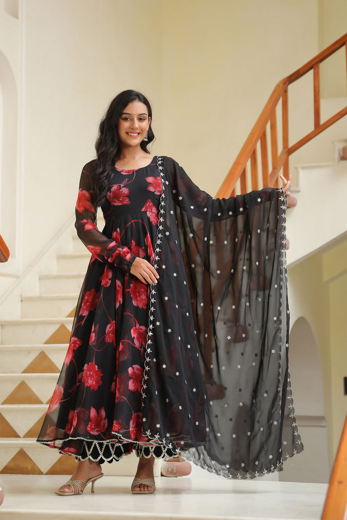 <img> Night Black Chiffon Floral Printed Anarkali Set