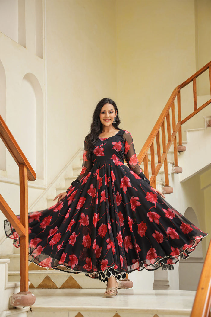 <img> Night Black Chiffon Floral Printed Anarkali Set