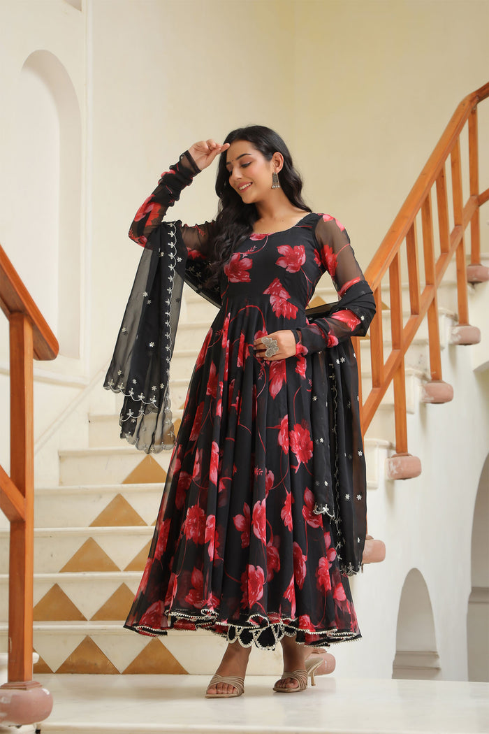 <img> Night Black Chiffon Floral Printed Anarkali Set