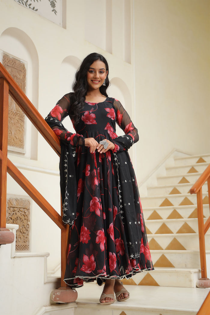 <img> Night Black Chiffon Floral Printed Anarkali Set