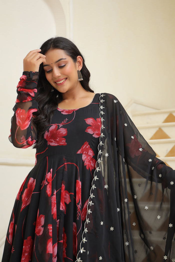 <img> Night Black Chiffon Floral Printed Anarkali Set