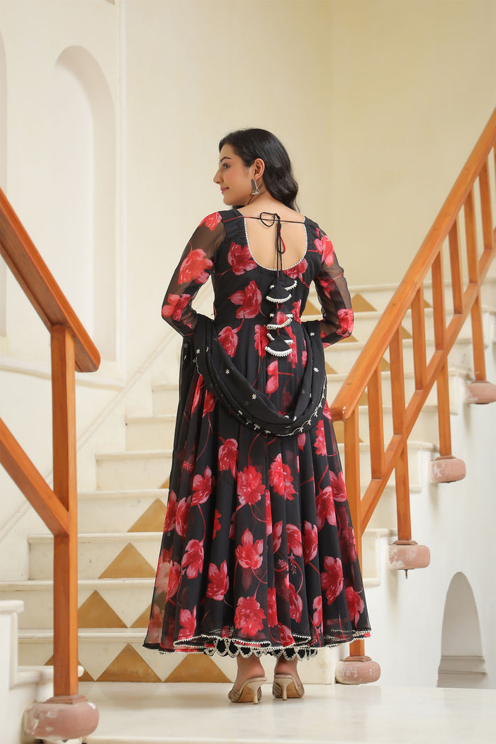 <img> Night Black Chiffon Floral Printed Anarkali Set