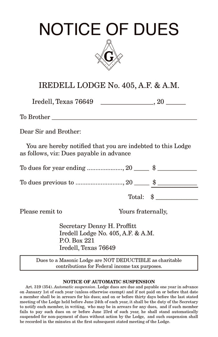 Notice of Dues (Fill in Information Below)