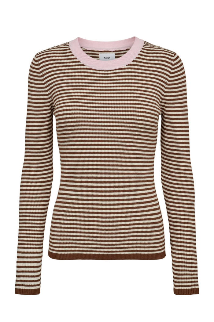Numph 706923 NUFILINA Pullover – Dachshund featuring brown and cream horizontal stripes with a soft pink neckline by Numph. Shop Numph at Dotique.