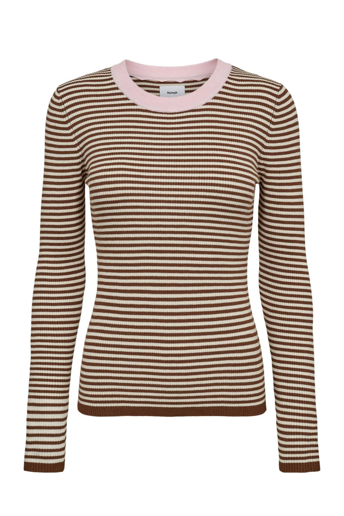 Numph 706923 NUFILINA Pullover – Dachshund with brown and cream stripes and a soft pink neckline by Numph. Shop Numph at Dotique.