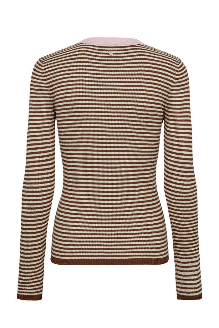 Back view of Numph 706923 NUFILINA Pullover – Dachshund featuring brown and cream horizontal stripes with a soft pink neckline by Numph. Shop Numph at Dotique.