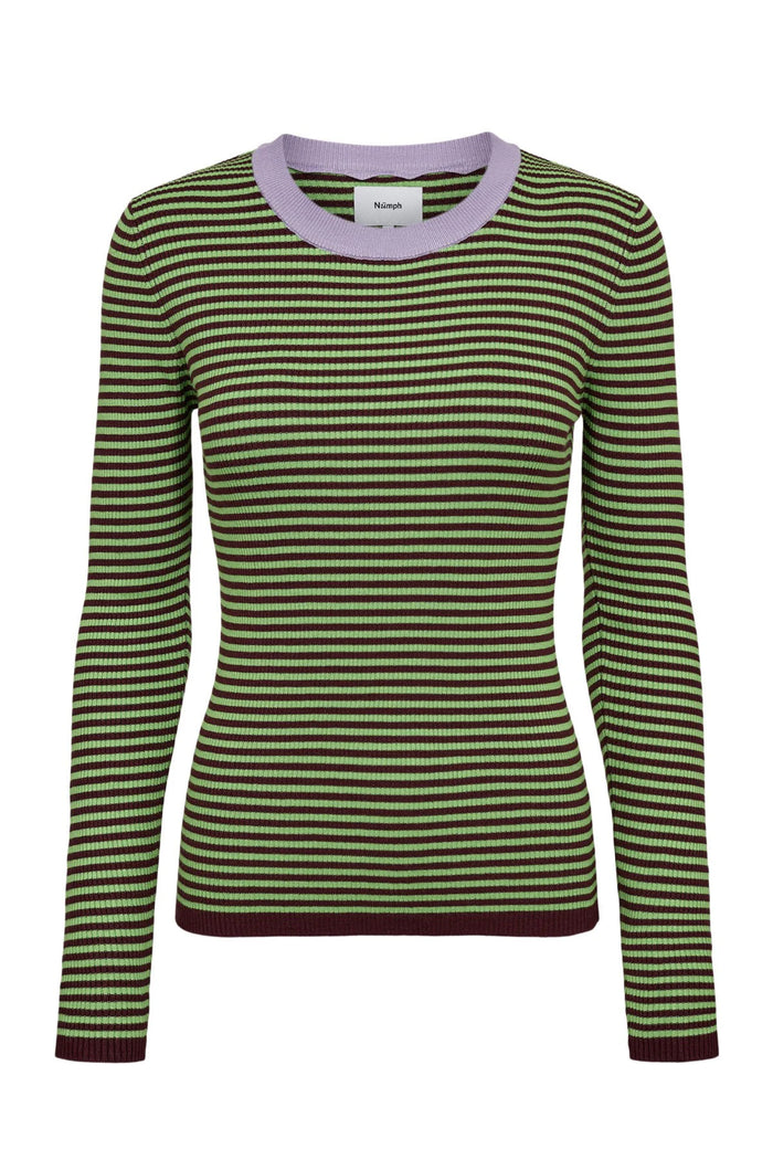 Numph 706923 NUFILINA Pullover – Fig featuring green and dark purple stripes with a lavender neckline by Numph. Shop Numph at Dotique.