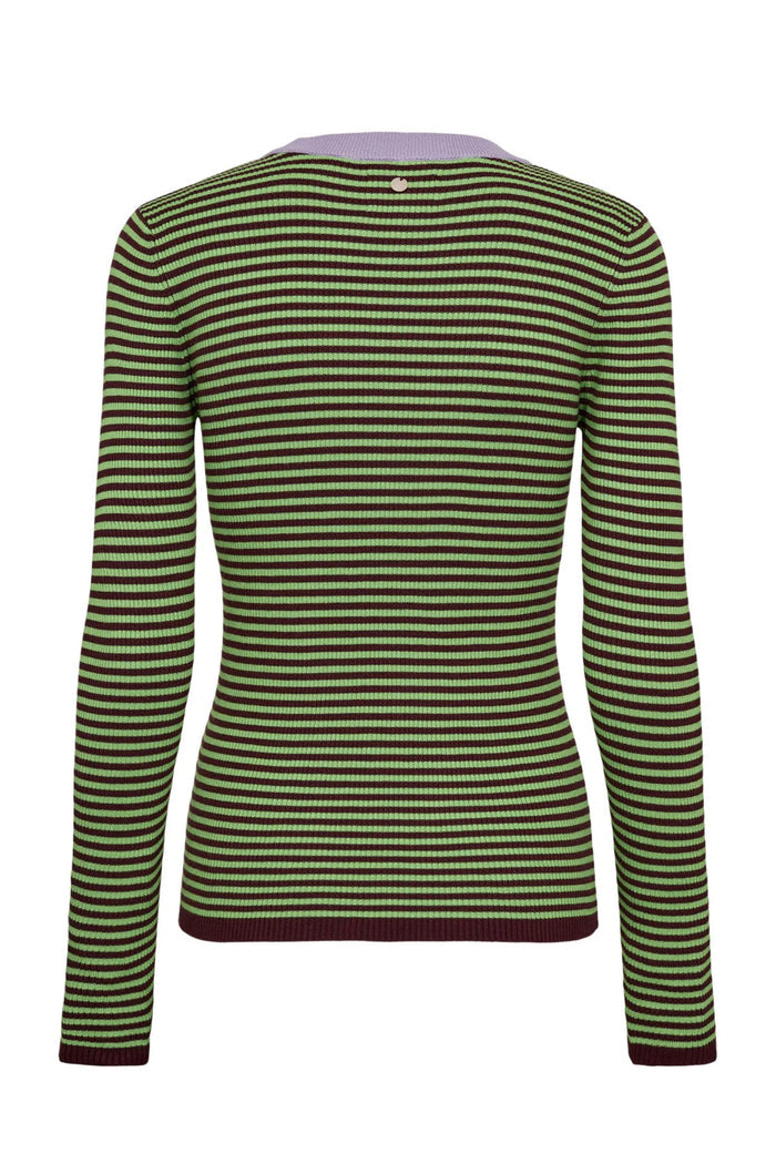Back view of Numph 706923 NUFILINA Pullover – Fig featuring green and dark purple narrow stripes with a lavender neckline by Numph. Shop Numph at Dotique.
