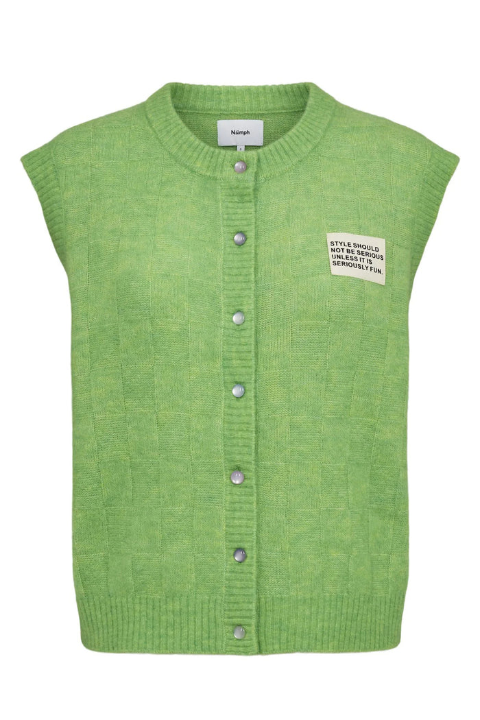 Numph 706928 NURIETTE CHECK VEST – Jasmine Green sleeveless knitted vest with button front and patch detail by Numph. Shop Numph at Dotique.
