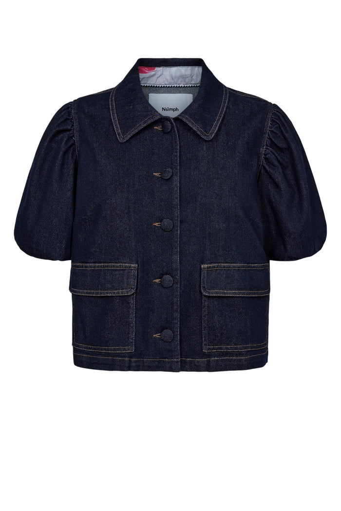 Numph 707020 NUALETTA SS Shirt – Dark Blue Denim with puffed short sleeves and front flap pockets by Numph. Shop Numph at Dotique.