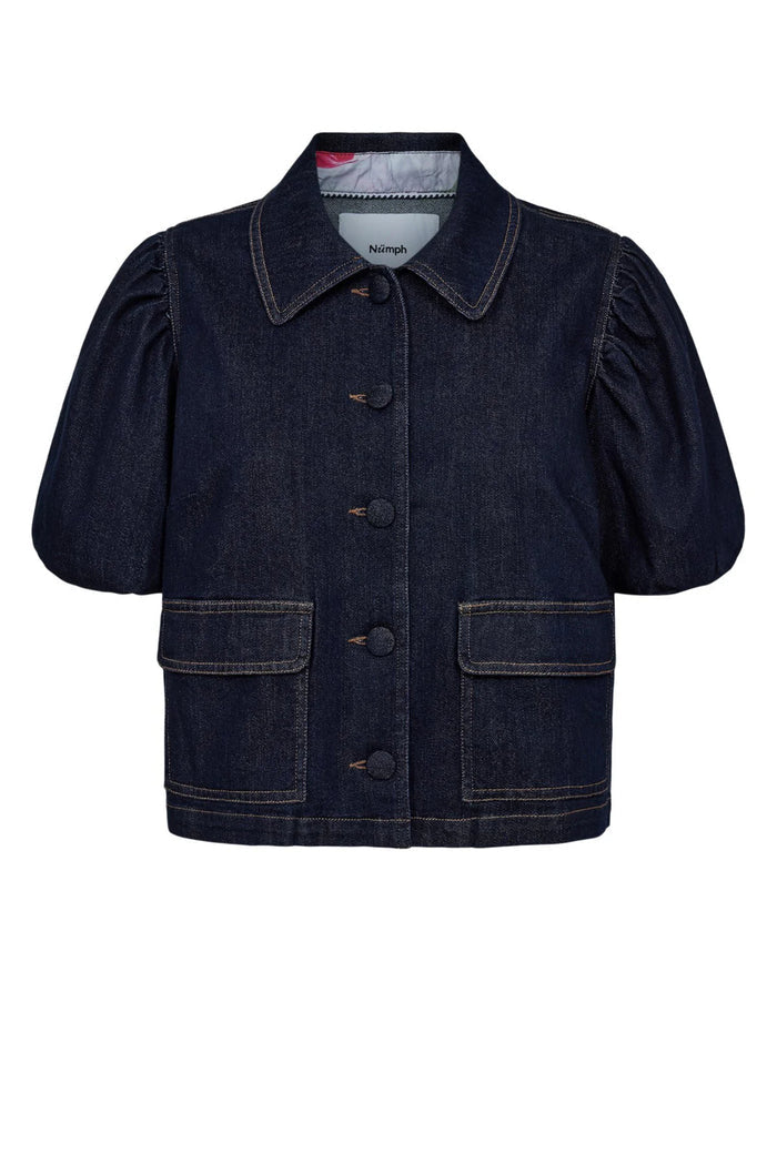 Numph 707020 NUALETTA SS Shirt – Dark Blue Denim with puffed sleeves and front flap pockets by Numph. Shop Numph at Dotique.