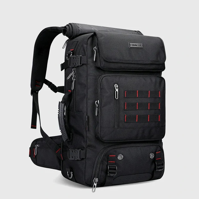Black multifunctional travel backpack for men shown from the front three-quarter angle