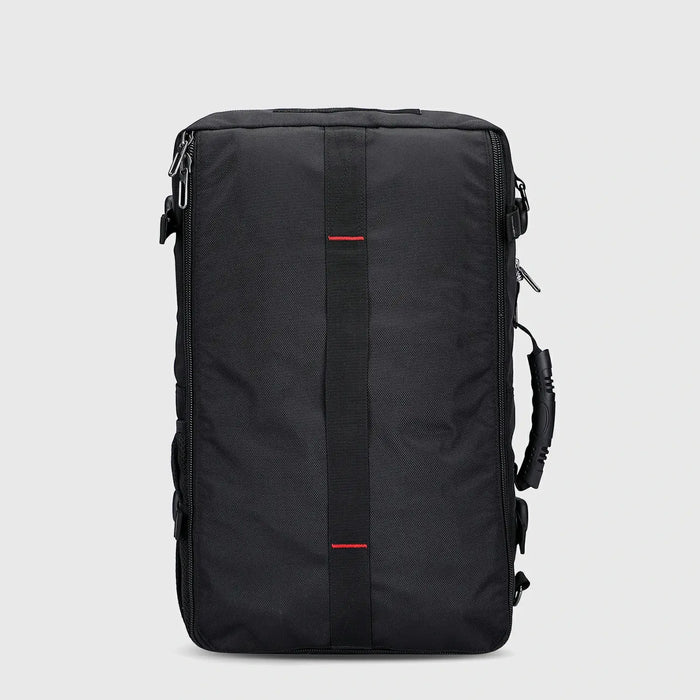 Side profile of black 40L carry on travel backpack with structured multi-compartment design