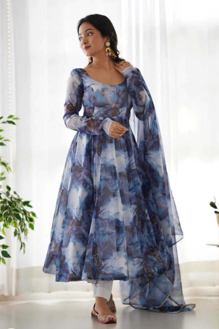 Ocean Blue Organza Floral Printed Anarkali Set