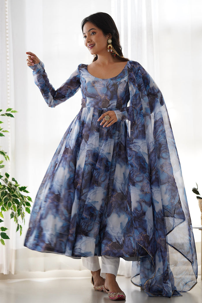 Ocean Blue Organza Floral Printed Anarkali Set