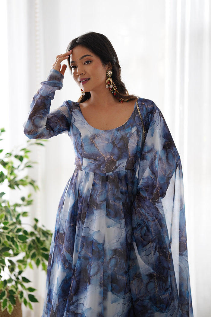Ocean Blue Organza Floral Printed Anarkali Set