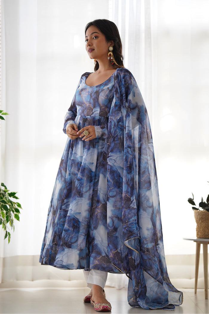 Ocean Blue Organza Floral Printed Anarkali Set
