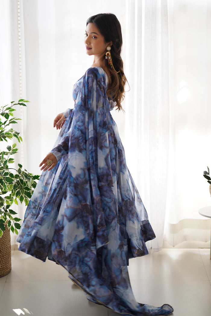 Ocean Blue Organza Floral Printed Anarkali Set
