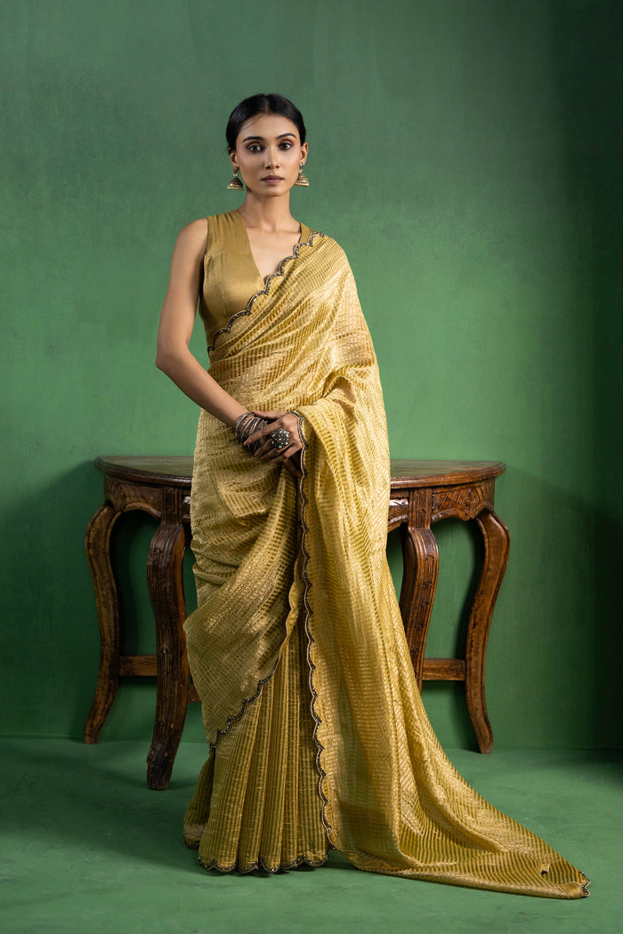 Ochre Yellow Chanderi Saree With Zari Stripes