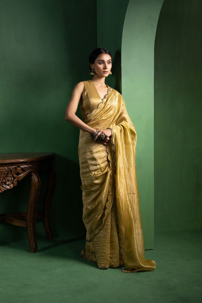 Ochre Yellow Chanderi Saree With Zari Stripes