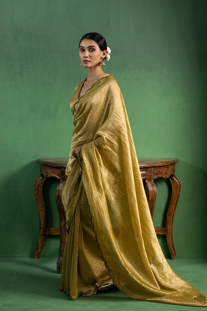 Ochre Yellow Chanderi Saree With Zari Stripes
