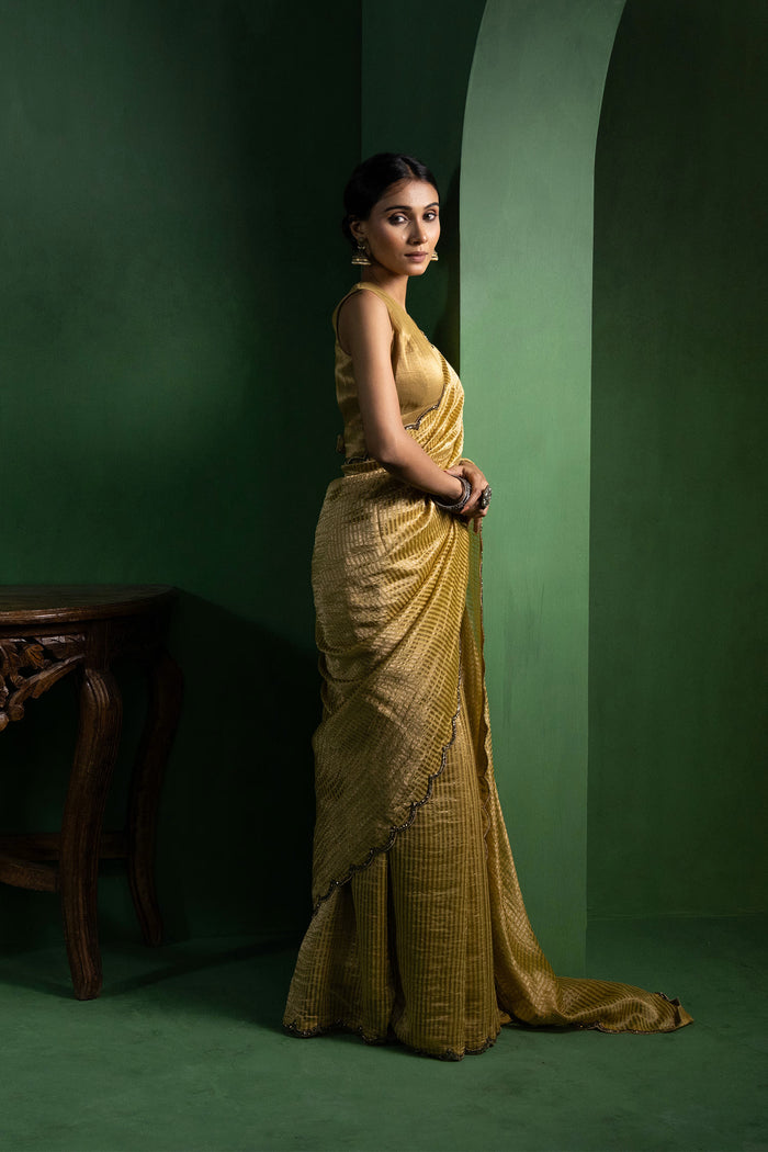 Ochre Yellow Chanderi Saree With Zari Stripes