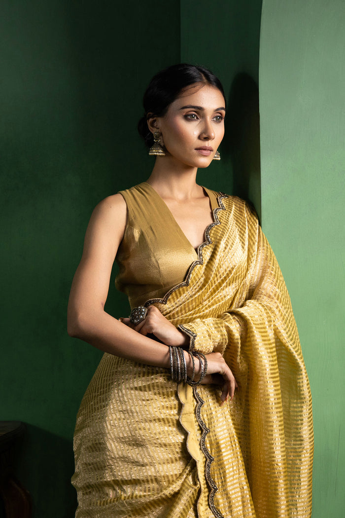 Ochre Yellow Chanderi Saree With Zari Stripes