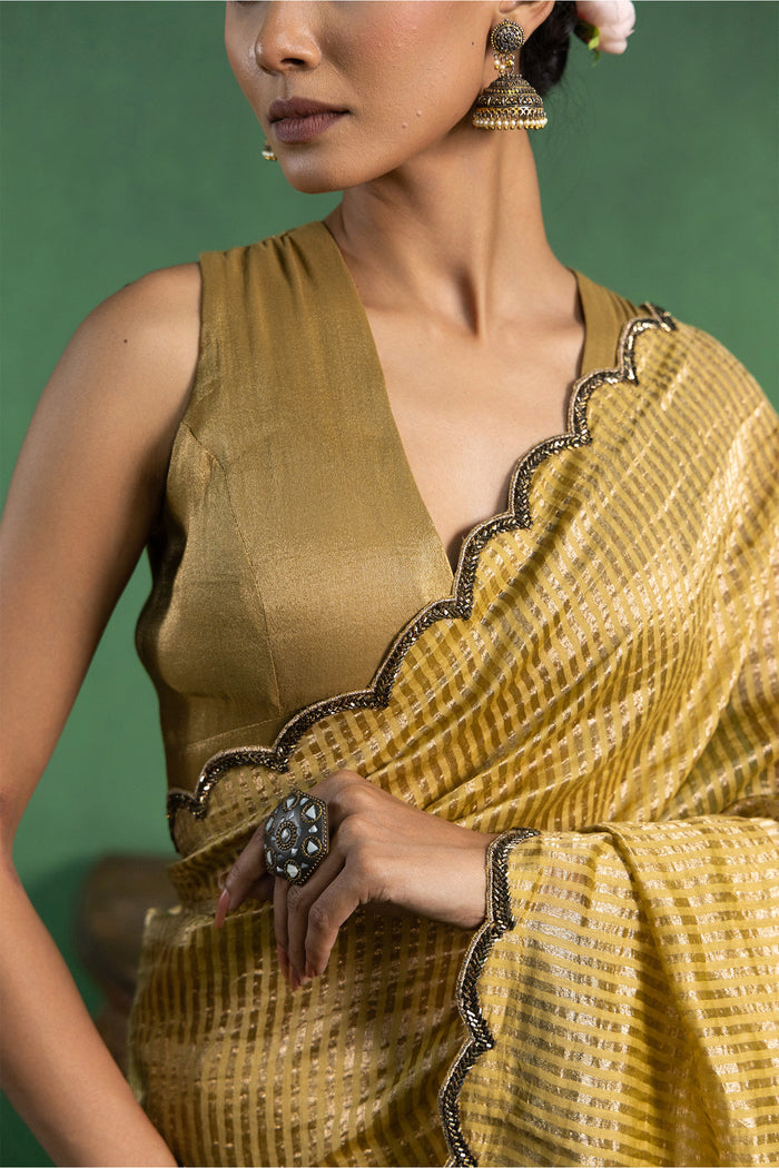 Ochre Yellow Chanderi Saree With Zari Stripes