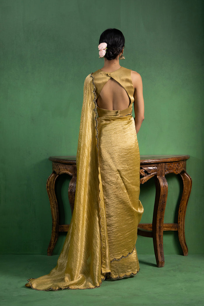 Ochre Yellow Chanderi Saree With Zari Stripes