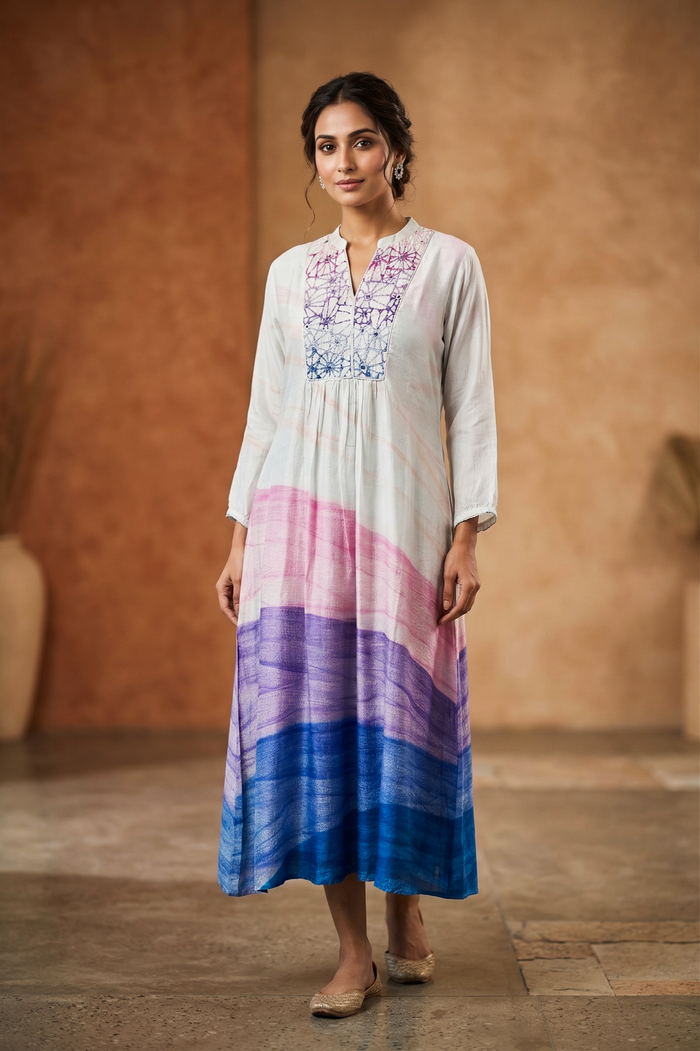 Off-White Abstract Printed Satin Silk Kurti