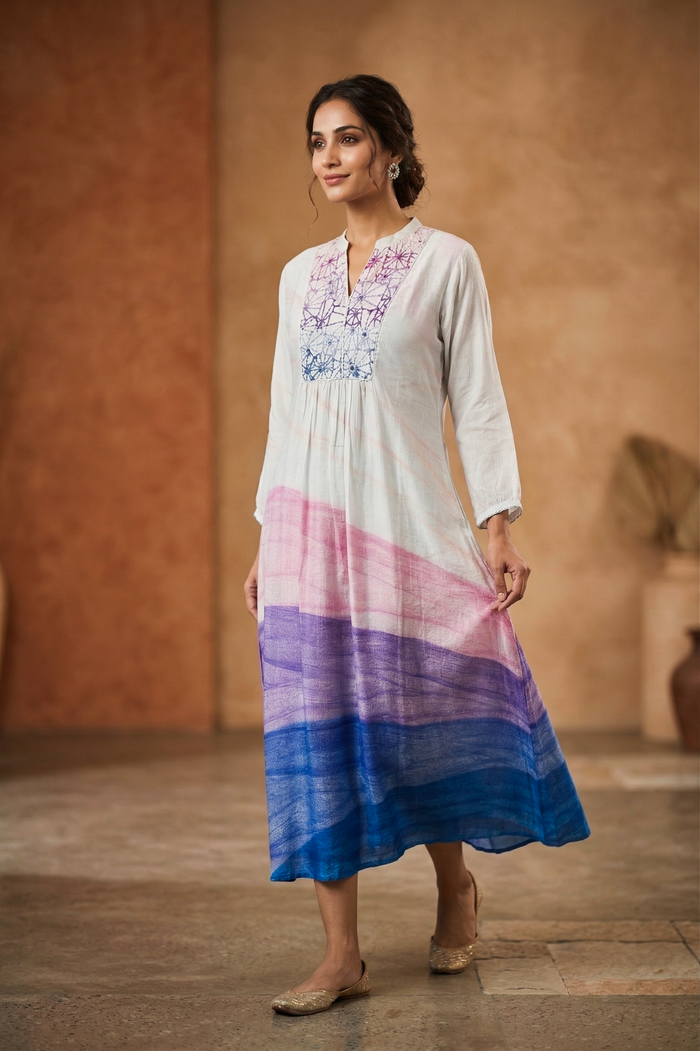 Off-White Abstract Printed Satin Silk Kurti