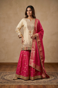 Off-White And Pink Banarasi Silk Sharara Set
