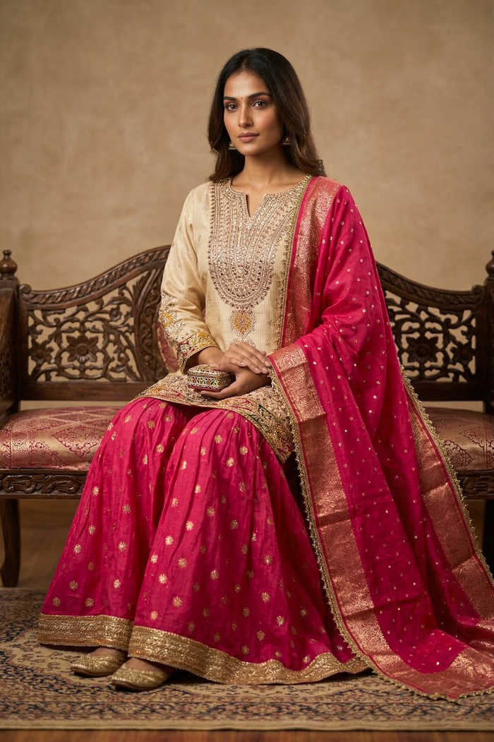 Off-White And Pink Banarasi Silk Sharara Set