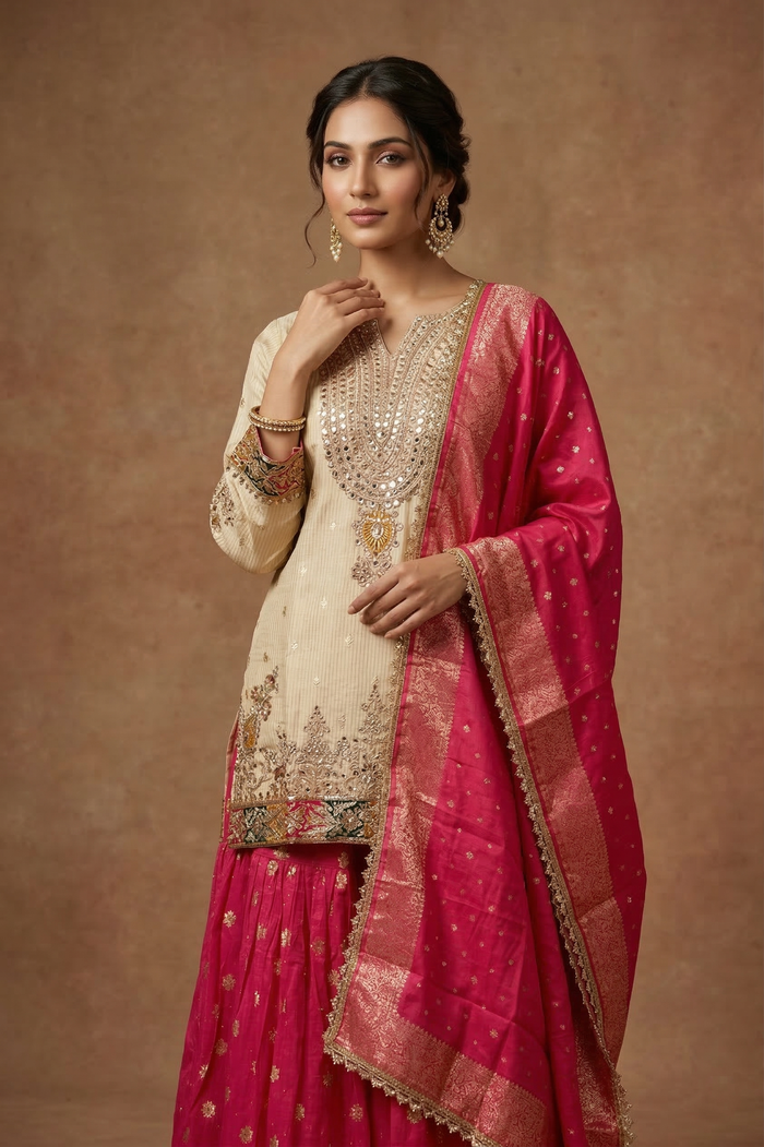 Off-White And Pink Banarasi Silk Sharara Set