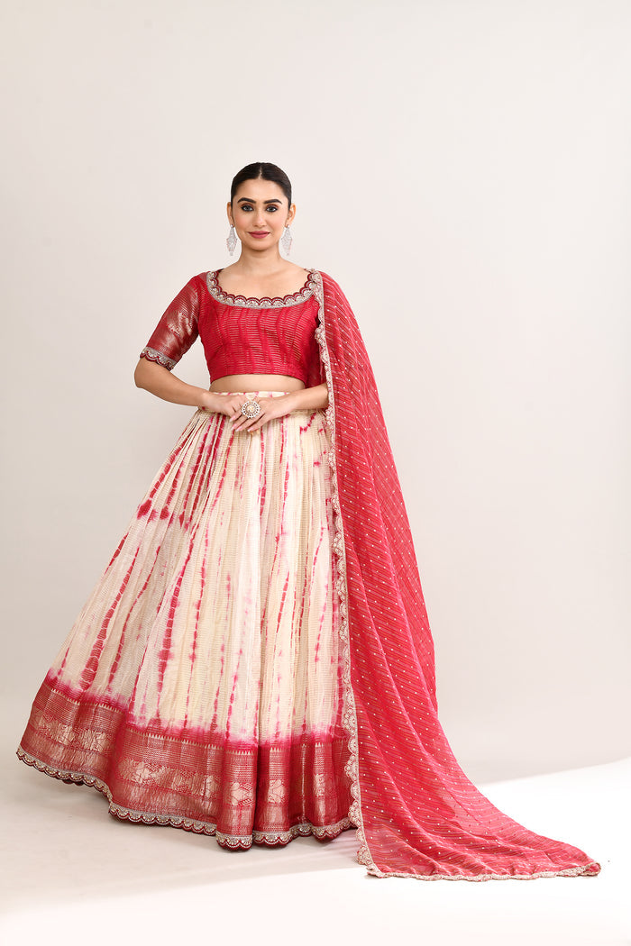 Off White And Red Raw Silk Lehenga Set