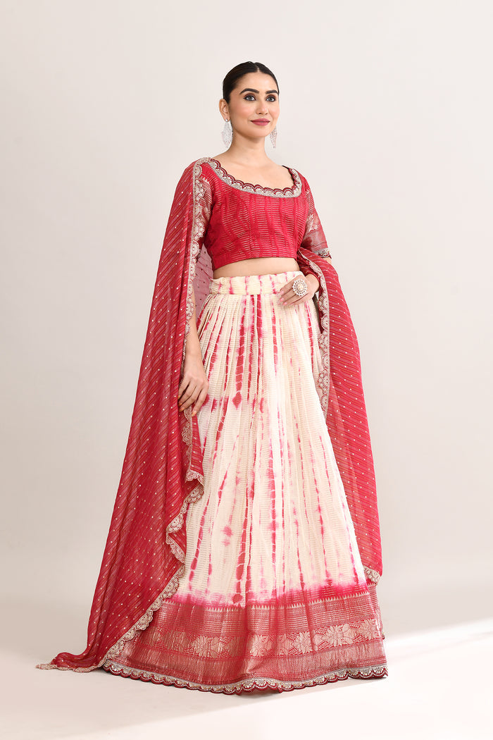 Off White And Red Raw Silk Lehenga Set