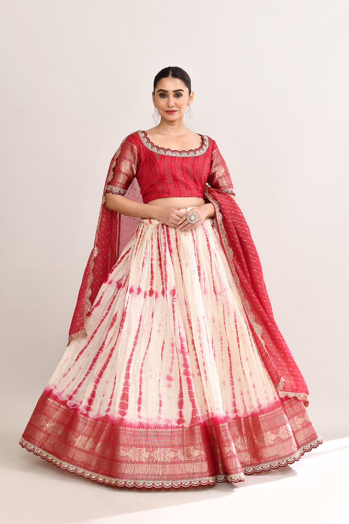Off White And Red Raw Silk Lehenga Set
