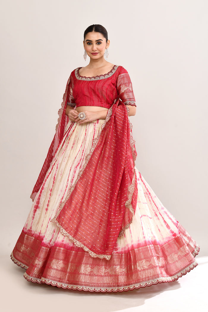 Off White And Red Raw Silk Lehenga Set