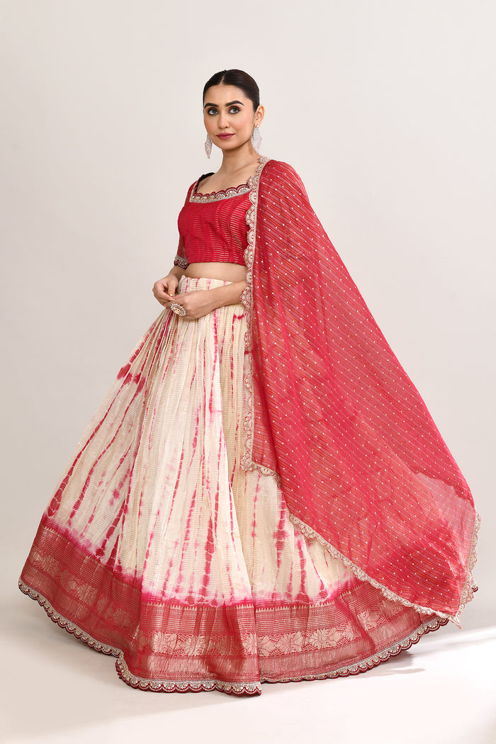 Off White And Red Raw Silk Lehenga Set