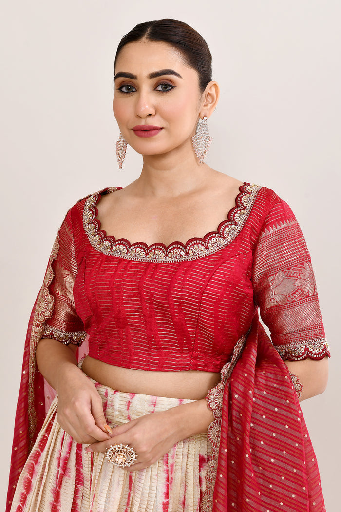 Off White And Red Raw Silk Lehenga Set