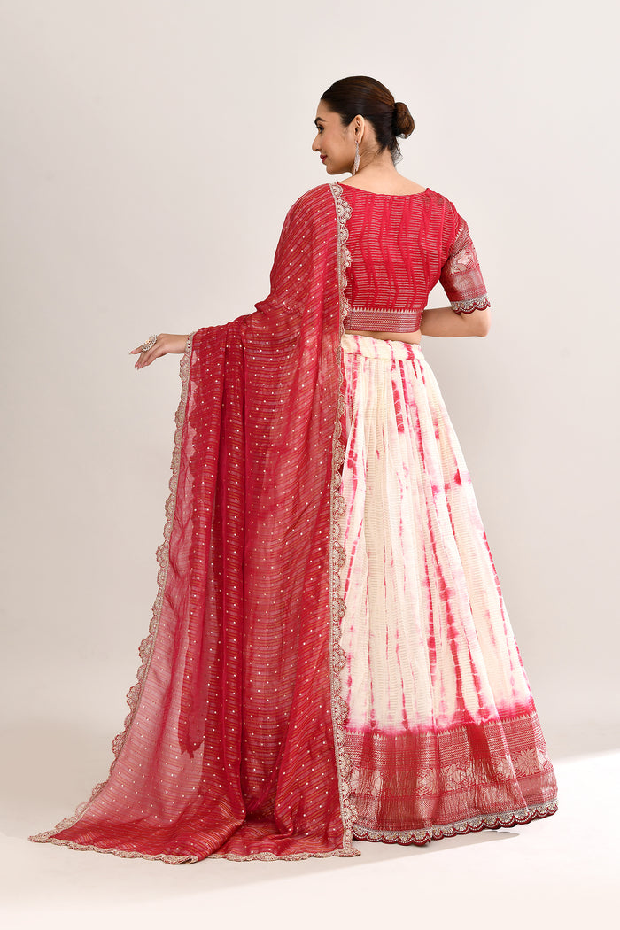 Off White And Red Raw Silk Lehenga Set