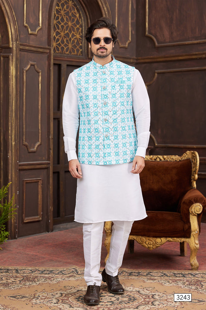 Off-White Art Banarasi Silk Kurta Set With Digital Printed Jacket