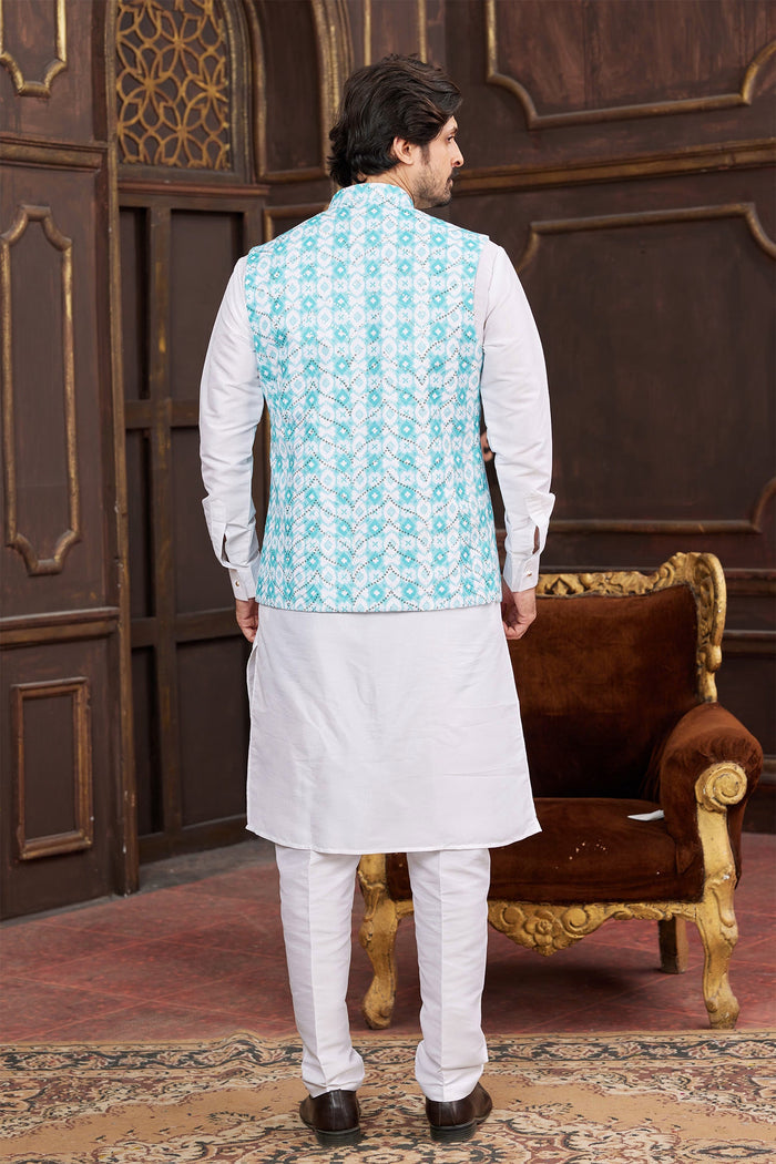 Off-White Art Banarasi Silk Kurta Set With Digital Printed Jacket