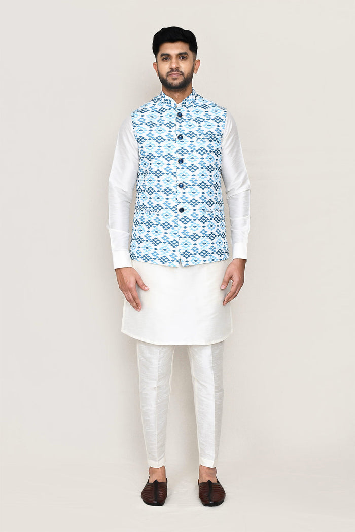 Off White Art Silk Kurta Set With Blue Jacket