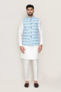 Off White Art Silk Kurta Set With Blue Jacket