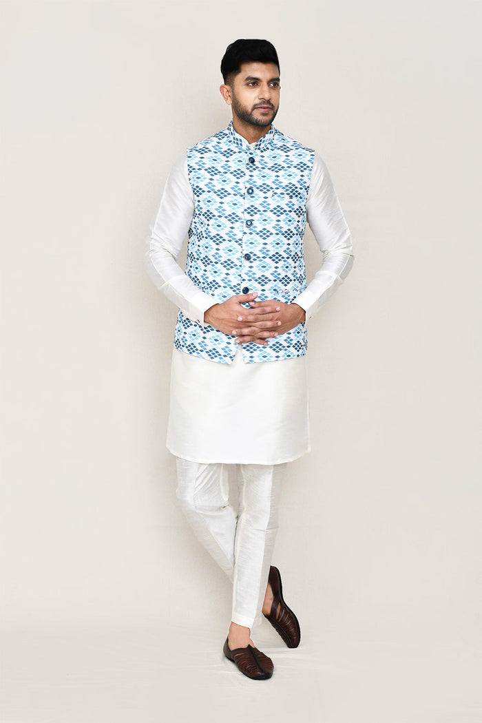 Off White Art Silk Kurta Set With Blue Jacket