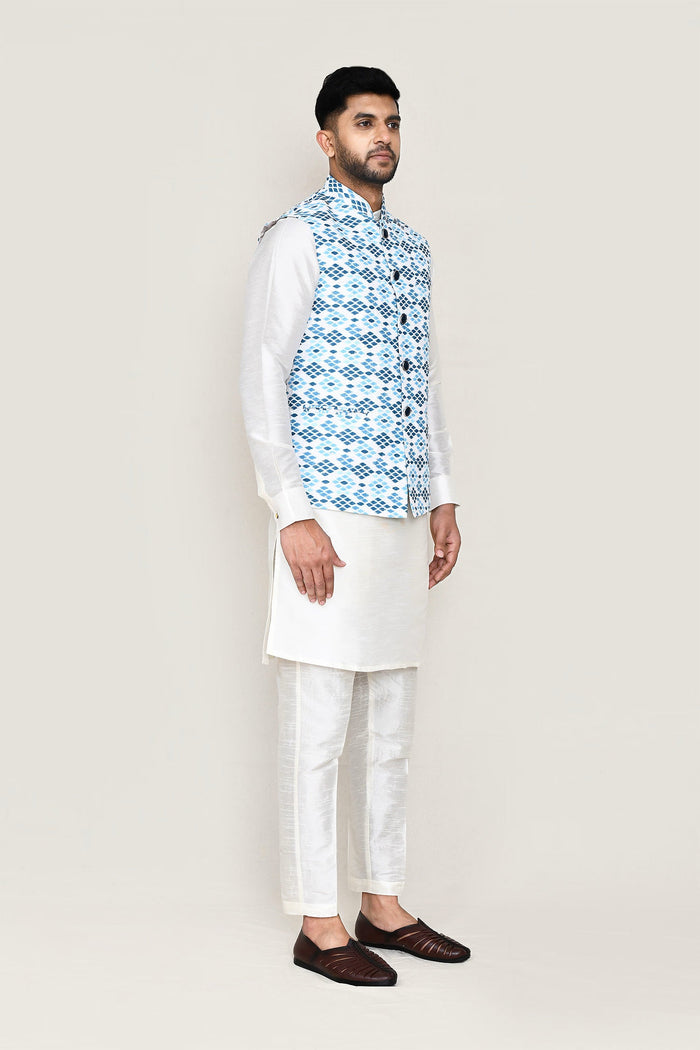 Off White Art Silk Kurta Set With Blue Jacket