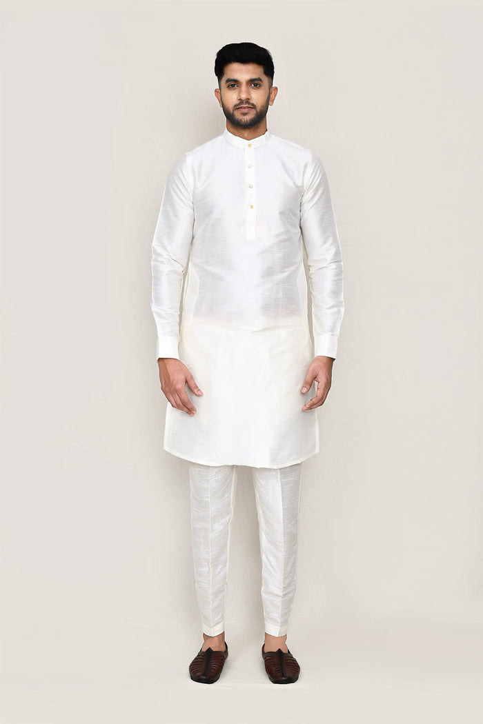 Off White Art Silk Kurta Set With Blue Jacket