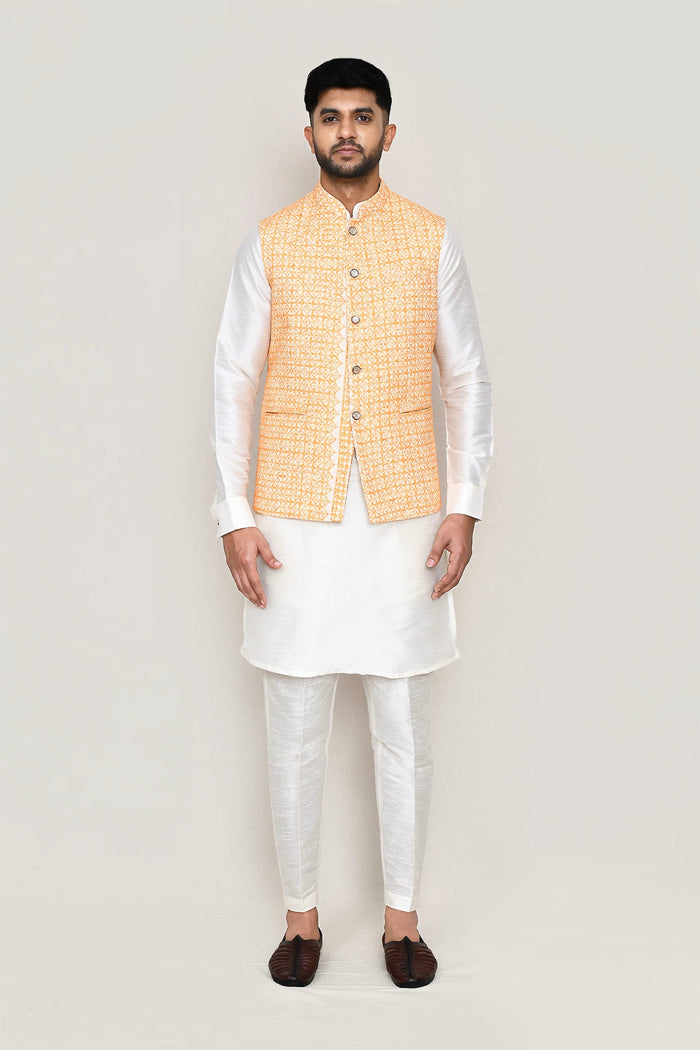 Off White Art Silk Kurta Set With Orange Jacket