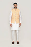 Off White Art Silk Kurta Set With Orange Jacket